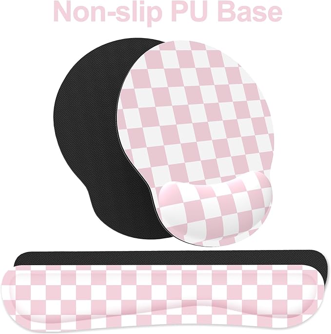 Ergonomic Mouse Pad with Wrist Rest and Keyboard Wrist Rest, Mousepad and Wrist Rest for Computer Keyboard, Non-Slip Base, Mouse Pad with Wrist Support for Gaming, Office, Pink Checkered