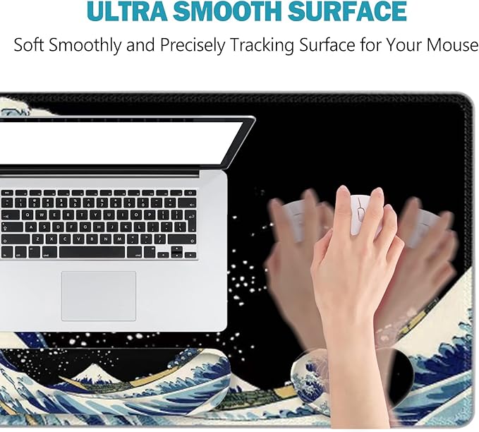 ToLuLu Extended Gaming Mouse Pad, Memory Foam Ergonomic Keyboard Mouse Wrist Rest Support Set, Large Desk Mat with Stitched Edges, Non-Slip Base Mousepad for Home Office Game Study, Wave of Kanagawa