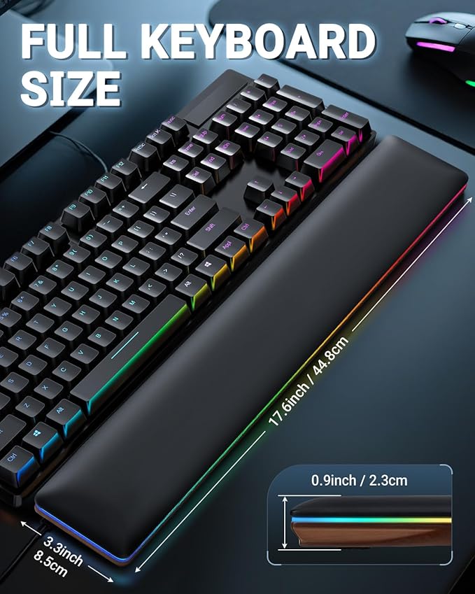 ASFSKY RGB Keyboard Wrist Rest, Ergonomic Wooden Wrist Support with PU Leather & Memory Foam, Non-Slip and Easy-to-Clean Design, Wrist Pad for Mechanical Keyboard, Gaming & Office Use