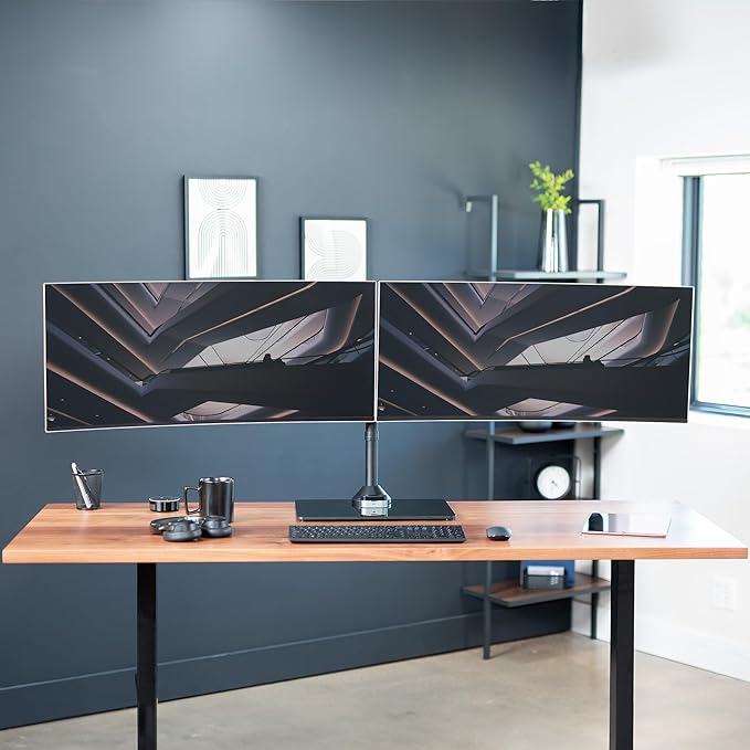 VIVO Freestanding Dual Ultrawide Monitor Stand with Sleek Glass Base and Adjustable Arms, 2 Screens up to 38 inches and 22 lbs Each, Black, STAND-V038FG