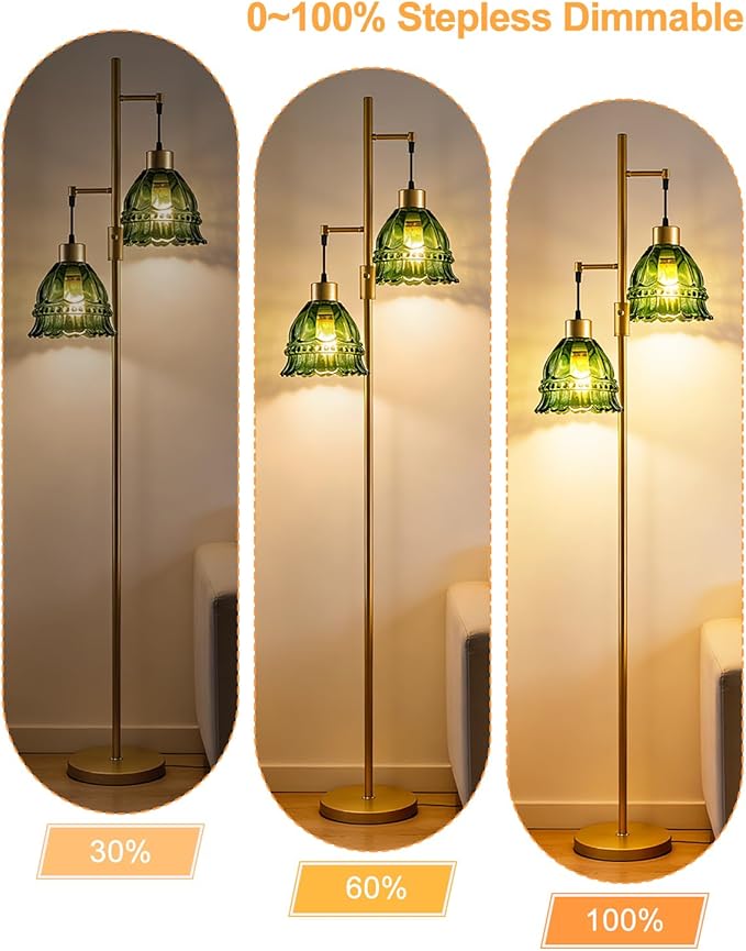 Gold Dimmable Floor Lamp for Living Room, 2-Light 65IN Tall Standing Lamps with Green Glass Lampshade, 3000K Warmwhite Mid Century Modern Floor Lamp for Bedroom/Home Office/Corner