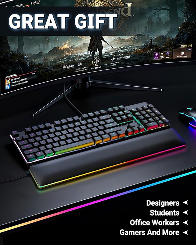 ASFSKY RGB Keyboard Wrist Rest, Ergonomic Wooden Wrist Support with PU Leather & Memory Foam, Non-Slip and Easy-to-Clean Design, Wrist Pad for Mechanical Keyboard, Gaming & Office Use