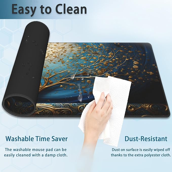 Desk Mat, Blue Golden Tree and Waves Extended Gaming Mouse Pad Large, 31.5"x15.7" 3D Modern Art Landscape Mouse Pad with Non-Slip Base and Stitched Edge,Computer Keyboard Mouse Mat for Home Office
