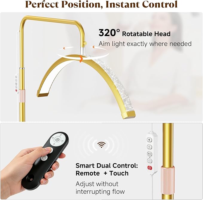 Half Moon Lash Light - Bling Diamond Lash Lamp with 4X Magnifier & Phone Holder, Adjustable Floor Lamp for Eyelash Extensions, Nail Art, Tattoo, Skincare, Dimmable Brightness, Rotating Head, Gold