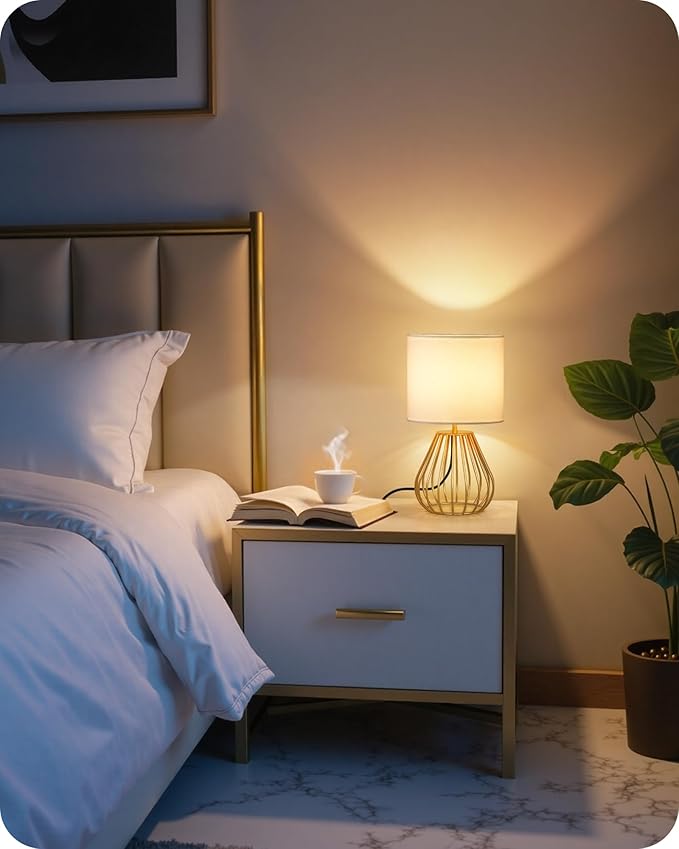 Gold Table Lamp Set of 2, Small Bedside Lamp with Gold Metal Base & White Linen Lampshade, Modern Nightstand Lamp, Little Cute Desk Lamp for Bedroom, 2700K LED Bulb Included DCW06TLP205