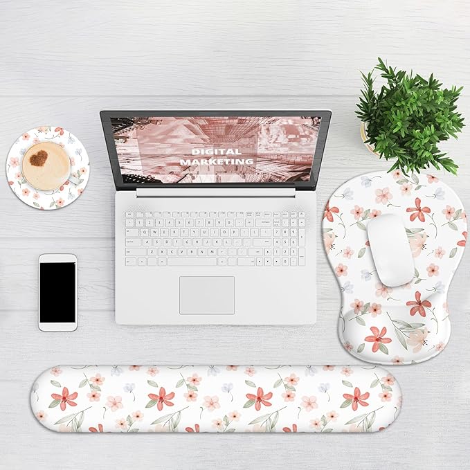 Ergonomic Mouse Pad with Wrist Rest and Keyboard Wrist Rest, Gel Mousepad and Wrist Rest for Computer Keyboard, Non-Slip PU Base, Mouse Pad with Wrist Support for Gaming, Orange Flowers