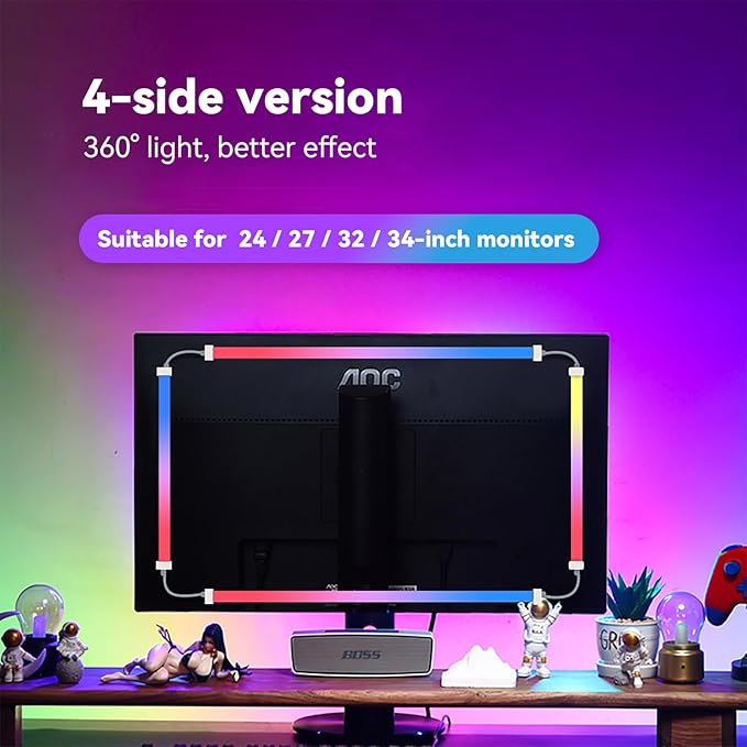 Monitor LED Backlights for PC & Mac, LED Strip Light Sync with Screen Color/Music, Computer Light Bar Behind Screen, LEDs for Desk Gaming, USB Port,Software Control, G100 (4-Side 24inch)
