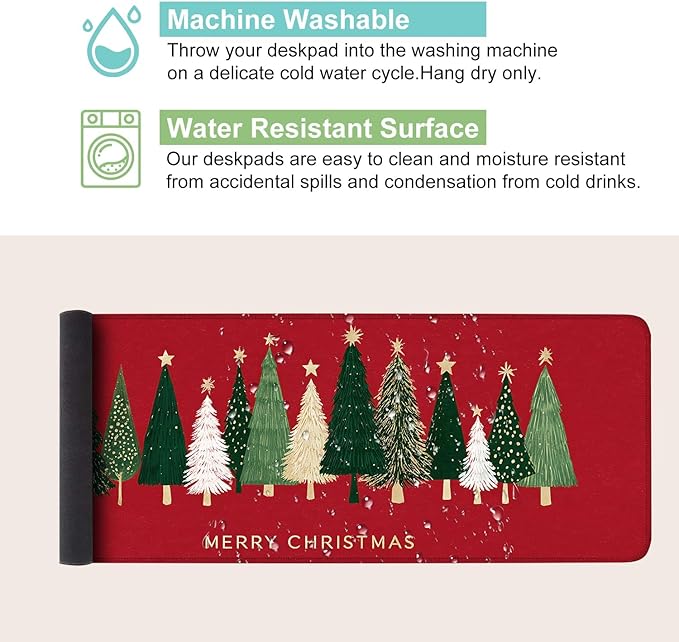 Desk Mat, XXL Extended Gaming Pad for Desktop, 31x12 Inches Trees on Red Background, Large Non-Slip Vegan Leather Surface with Stitched Edges, Keyboard Mouse Mat for Home Office