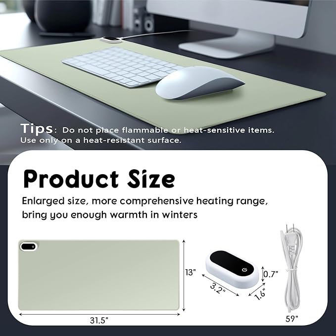 Konohan Heated Desk Pad Warm Mouse Pad, 5 Heating Level & 4 Hour Auto Shut-Off, PU Leather Warm Mouse Mat Heating Keyboard Gaming Mice Warmer Mat Only Supports 110v(Gray-Green Color,31.5" X 13")