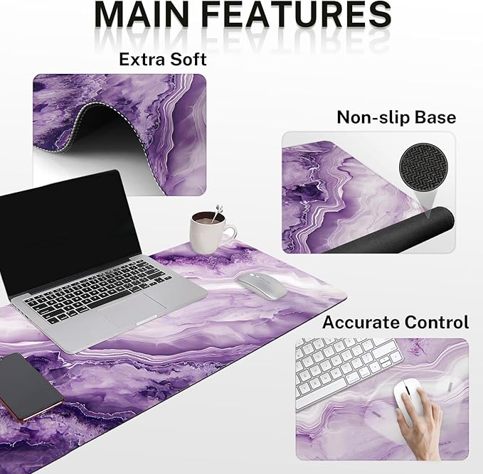Britimes Purple Pink Marble Gold Keyboard Mouse Pad Set 4in1 Large Mousepad+Keyboard Wrist Rest+Mouse Wrist Rest+Coaster Ergonomic Design for Home Office Computer 35.4x15.7 inches