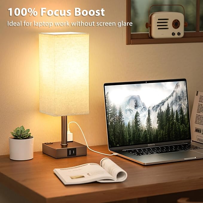 aooshine Brown Base Touch Lamps Set of 2 - Nightstand Lamp with USB-C + A Charge Ports & AC Outlets, 3-Way Dimmable Bedside Lamp, Small Table Lamp Light for Bedroom (Bulb Included)
