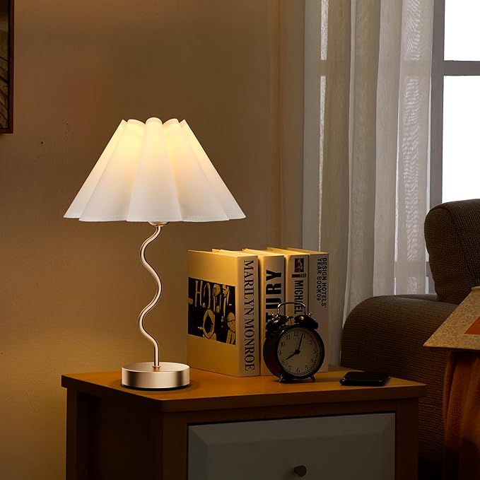 Small Table Lamp Pleated Table Lamp 3 Way Dimmable Touch Lamps for Night Stands with USB C+A Ports Bedside Nightstand Lamp Morden Desk Lamp for Bedroom Home Kitchen Living Room Kids Room Nursery