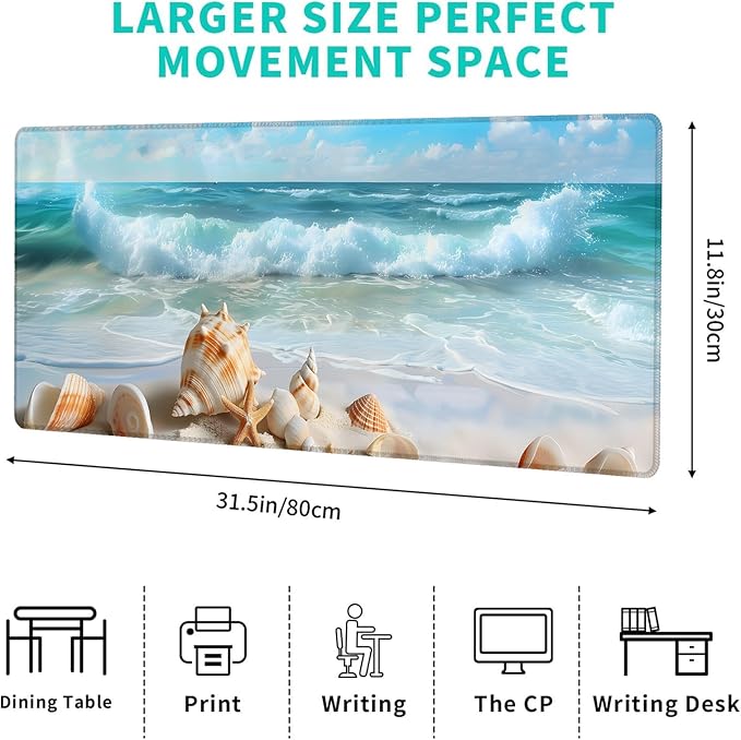 Nautical Coastal Gaming Mouse Pad,12x31.5in Non-Slip Rubber Beach Desk Mat,Large Extended Mousepad for Office Home Laptop,Mice Pads Gifts,Game Lover Deskmat Decor (Starfish Seashell)