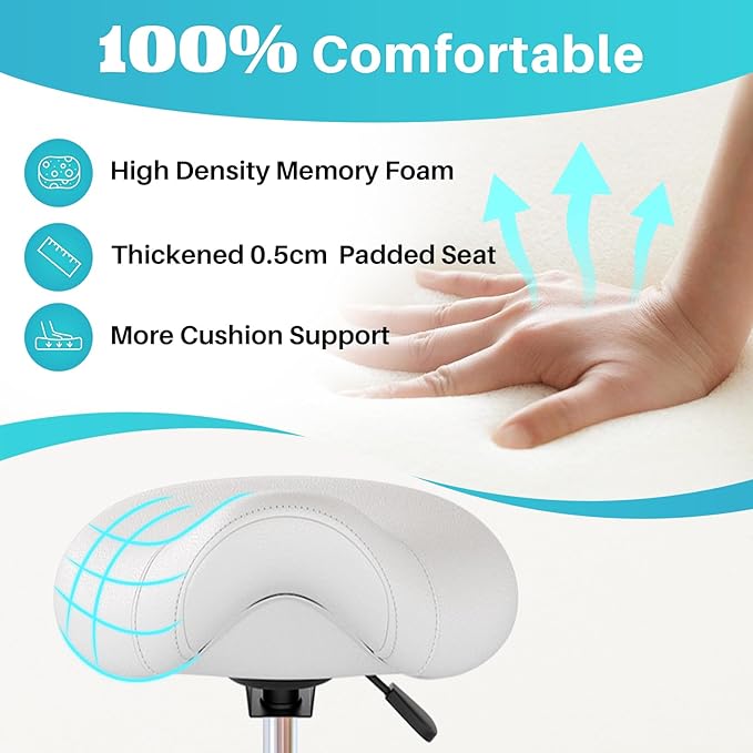 YEEZEE Saddle Stool Ergonomic- Comfortable Rolling Saddle Stool with Wide Thick Saddle Seat Padding, Swivel Adjustable Saddle Chair with Wheels and Ring Pedal for Medical Massage Salon (Classic White)