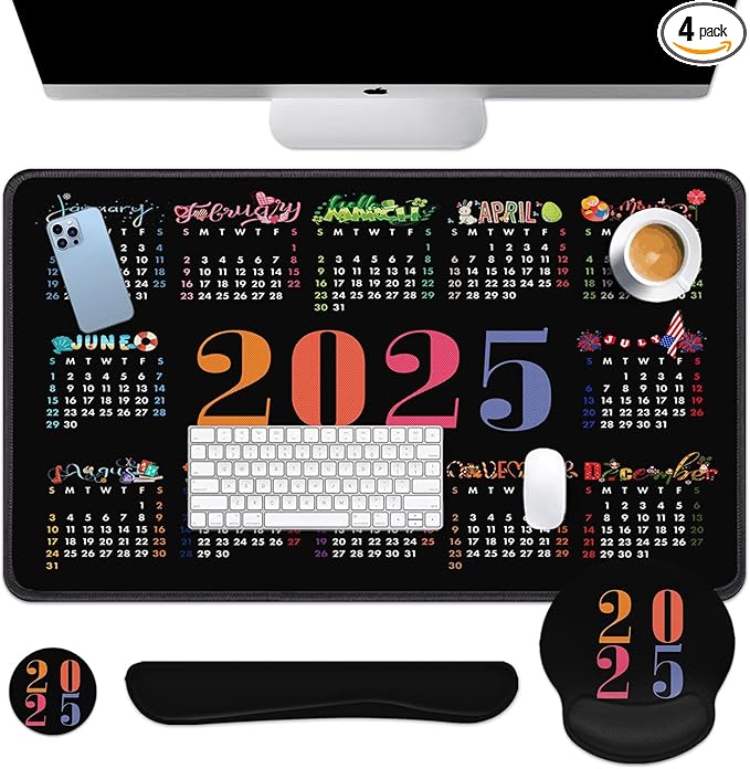 Arttown Desk Mat 2025 Calendar Office Mouse Pad Set 4 in 1 Black Month Day Ergonomic Design Large Desk Pad + Keyboard Wrist Rest + Mouse Wrist Rest + Coaster Suitable for Home Office Study Game