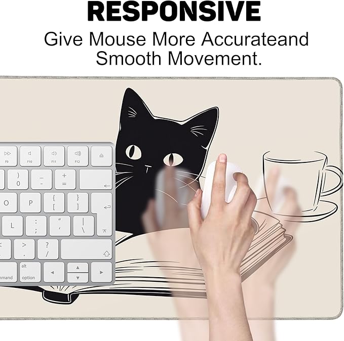 Large Mouse Pad 35.4x15.7 Inch Coffee, Cat and Book Gaming Desk Mat with Non-Slip Rubber Base, Stitched Edges for Gaming,Office