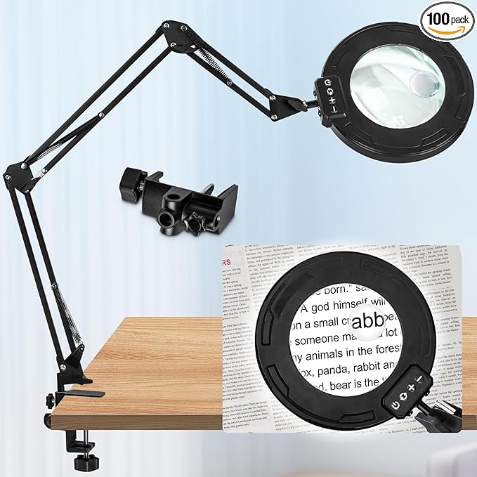 HITTI Ultra Long 12X & 30X Magnifying Glass with Light and Clamp, 5 Color Modes Steepless Dimming Desk Lamp, Swivel Arm Workbench Light, Hands Free Lighted Magnifier Stand for Craft Reading Hobby