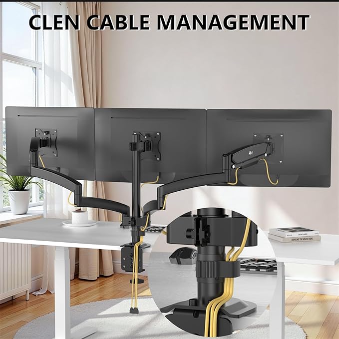 WALI Triple Monitor Mount, 3 Monitor Desk Mount with Premium Gas Spring Arm for Screens 17-32 Inch, Multiple Monitors Stand with Tilt, Swivel, Rotation, Mounting Holes 75/100 mm, Black