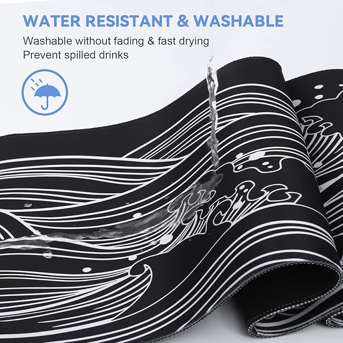 Gaming Mouse Pad - Large 31.5 x 11.8 in Black and White with Stitching Edges, Non-Slip Rubber Base Large Mouse Mat and Keyboard Pad (Sea Wave)