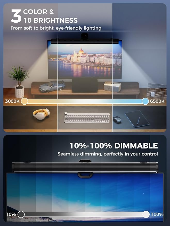 Smiling Shark Monitor Light, BY-03 Screen Light Bar No Glare Memory Mode Eye Caring 3 Color Temperature Dimmable 90°Rotatable USB Powered LED Monitor Lamp with Magnetic for Office Laptop