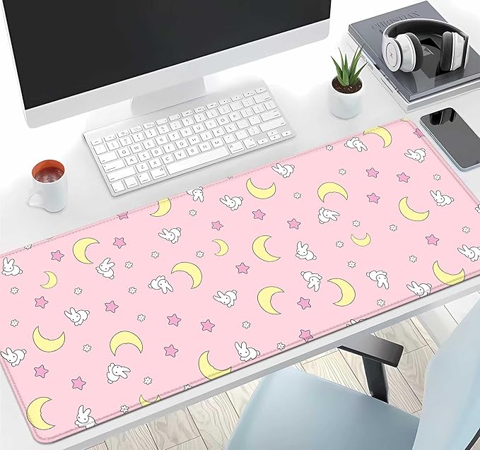 IMAYONDIA Pink Kawaii Desk Pad, Cute Moon Bunny Desk Mat Computer Pad Desktop,Laptop Protector Aesthetic Anime Mousepad Writing Pad for Office Home School,Large Gaming Mouse Pad Tarot Mat,31.5 X 11.8