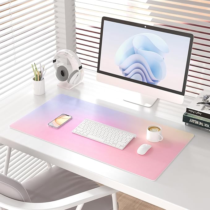 Colorful Star Large Mouse Pad Pink, Girly Desk Mat Aesthetic PU Leather Laptop Mat 31.5 x 15.7 in, Cute Mousepad & Large Desk Pad, Waterproof Non-Slip Desk Mat for Office Accessories Women& Girl