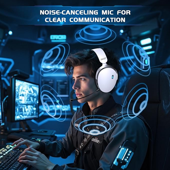 acer 2.4GHz Wireless Gaming Headsets for PS5, PS4, PC, Switch, 3 in 1 Gaming Headphones with Noise Canceling Mic, Stereo Sound, 40+Hr Battery, 50mm Drivers - White