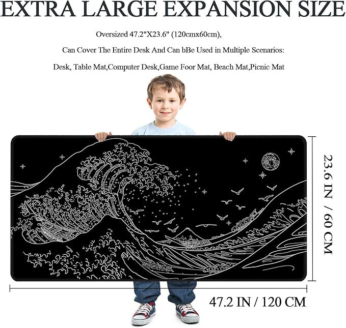 MEWOOCUE® Large Gaming Mouse Pad for Computer,Black Japanese Sea Wave Anime Mouse Mat,Long XXL Waterproof Keyboard Pads,Big Non-Slip Mouse Pads for Game Office Home（47.2 x 23.6 in）