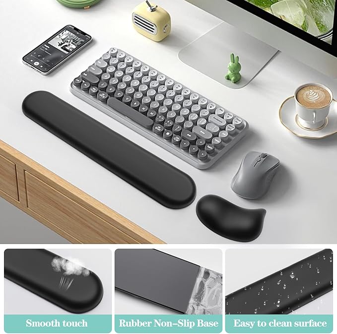 Wrist Rest for Keyboard and Mouse Pad, Ergonomic Memory Foam Keyboard Wrist Rest Set, Luxe Leather, Non-Slip Desk Accessories for Office and Home (Black)