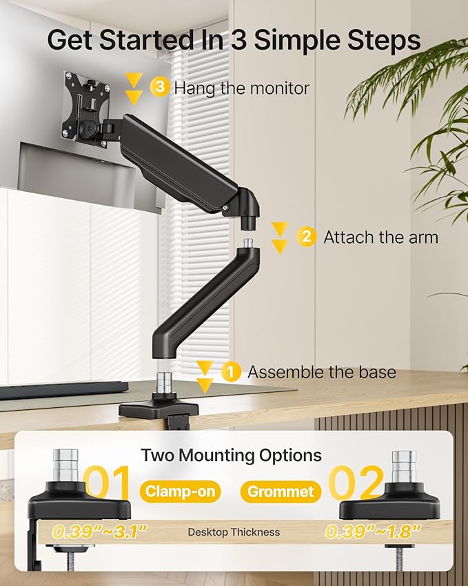 monTEK Single Monitor Arm Fully Motion Adjustable Monitor Mount Fits 17-32 inch Screens Desk Monitor Stand up to 19.8lbs with Clamp/Grommet, Cable Management, Quick Release Plate, VESA 75/100mm