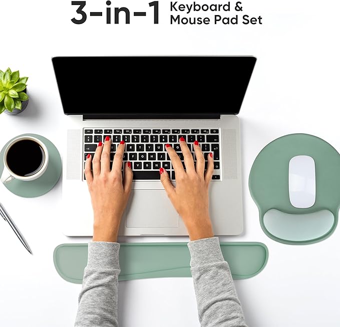 Ergonomic Keyboard Mouse Pad Wrist Rest Support Set for Laptop/Computer/Desktop,Memory Foam Hand Rest Wrist Cushion for Gaming/Office,Lightweight Comfortable (Green)