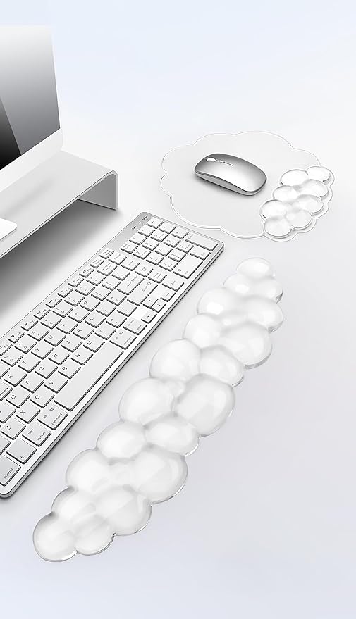 Mouse Pad with Wrist Rest, Soft Cloud Gel Keyboard Mouse Pad Set with Hand Wrist Support, Cute Non Slip Office Desk Accessories for Comfort/Computer/Laptop (2Pc Clear Cloud)