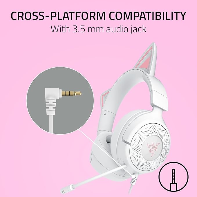 Razer Kraken Kitty V3 X Wired Gaming Headset: Kitty Ears - HyperClear Cardioid Mic - 40 mm Drivers - 7.1 Surround Sound - Comfy Ear Cushions - Cross-Platform via 3.5mm PC, PS5, Xbox, Switch 2 - White