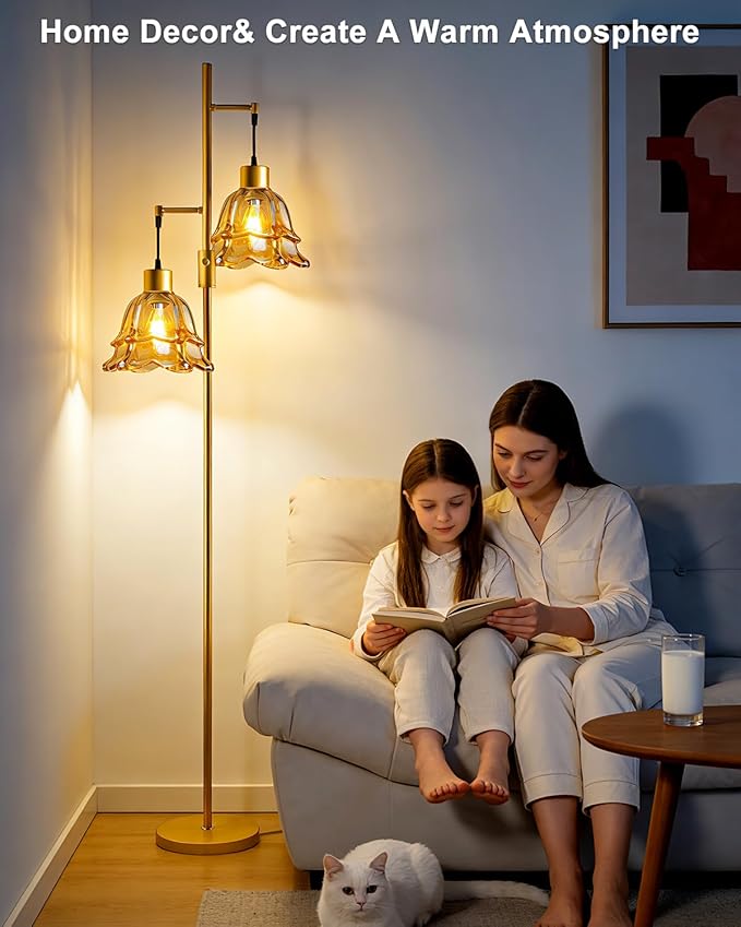 2-Light Gold Dimmable Floor Lamp for Living Room, 65IN Tall Standing Lamps with Brown Glass Lampshade, 3000K Warmwhite Mid Century Modern Floor Lamp for Bedroom/Sofa Beside/Corner Decor