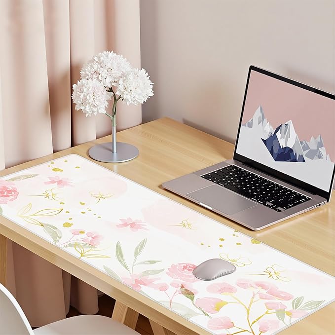 Baziabbo Pink Floral Desk Mat,XXL Extended Large Mouse Pad,Gaming Mousepad with Stitched Edge,Non-Slip Rubber Base Keyboard Desk Pad for Home Office Study Game