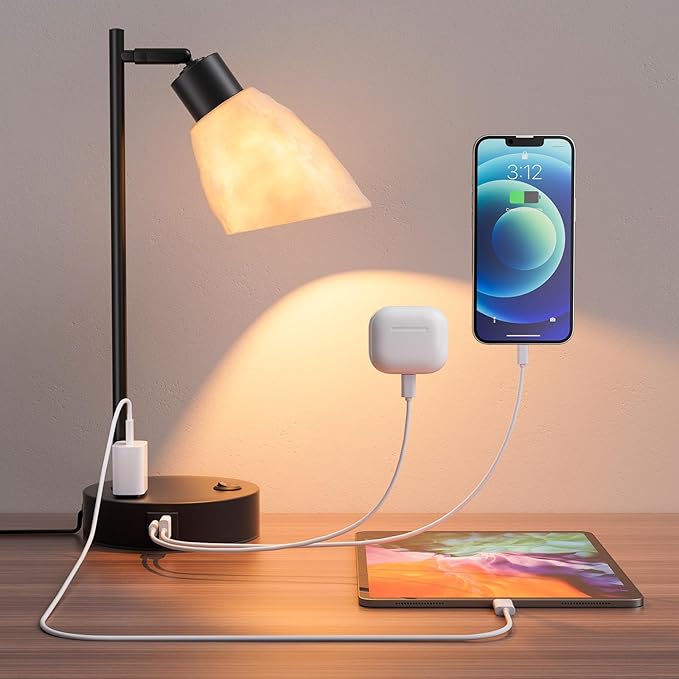 Neoglint Industrial Desk Lamp, Dimmable Table Lamp with USB C & A Ports + AC Outlet, Vintage Nightstand Lamp with 3D Lunar Texture Shade & LED Bulb, Adjustable Reading Light for Bedroom, Black