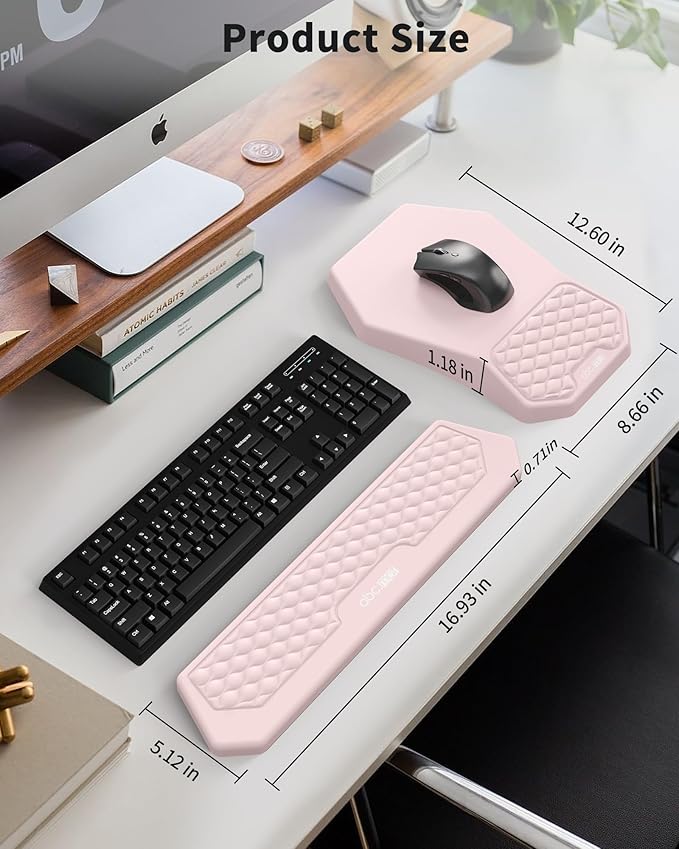 Ergonomic Mouse Pad and Keyboard Wrist Rest Support Set, Massage Design Mousepad for Carpal Tunnel, Memory Foam, Non-Slip PU Base for Computer Desk, Pink