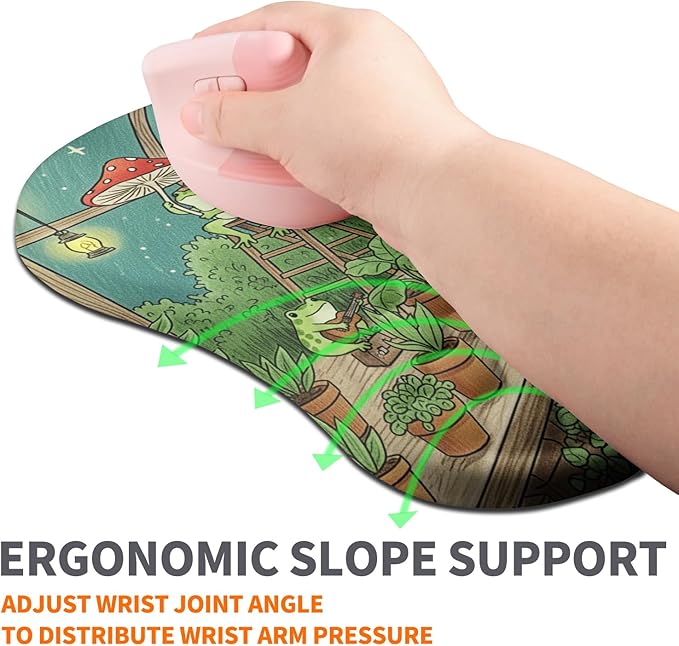 Ergonomic Joint Wrist Support Mouse Pad with Memory Foam Cushion Massage Bump, Carpal Tunnel Mousepad Slope Design for Wrist Rest, 11.8x7.9 in, Cute Frog