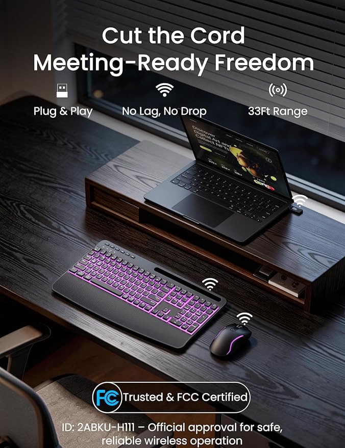 Wireless Keyboard and Mouse Combo,SABLUTE KM25Pro Rechargeable Backlit Ergonomic Keyboard with 4000mAh Battery, Wrist Rest and Phone Holder, Quiet for PC/Mac/Laptop/Windows/Chrome OS