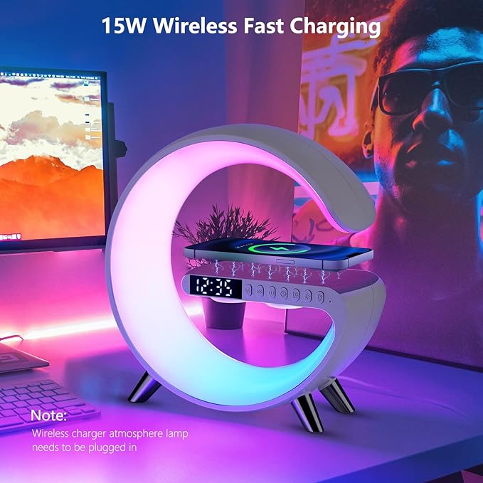 DEECOZY Multi Functional Wireless Charger Atmosphere Lamp, Intelligent Bluetooth Speaker LED Table Lamp,256 Lights Mode Dimmable Night Light Bedside Lamp Alarm Clock with Music Sync App Control(White)