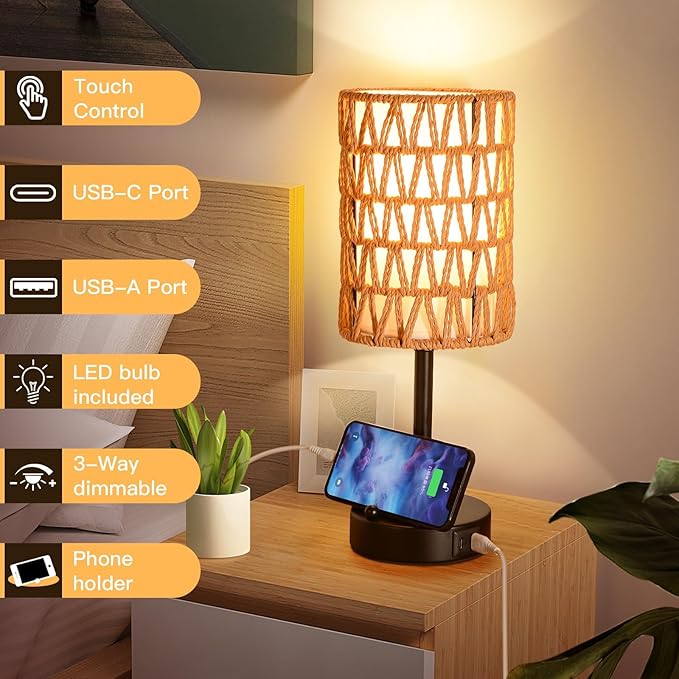 Rattan Table Lamps for Living Room, 3 Way Dimmable Touch Lamps, Small Bedside Lamps with LED Bulbs, Phone Stand, USB Ports and AC Outlet, Boho Nightstand Lamp for Kids Room, Bedroom, Office (2 Pack)