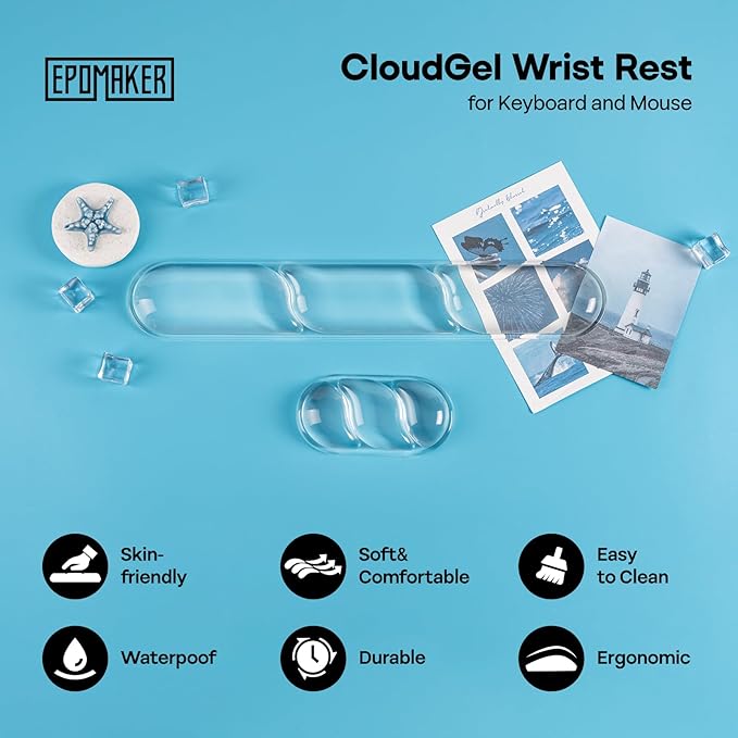 EPOMAKER CloudGel Wrist Rest for Keyboard and Mouse, 2 Pieces Silicone Wrist Support, Anti-Slip Rubber Bottom, Ergonomic Design, Suitable for Office/Computer/Laptop/Gaming (Clear)