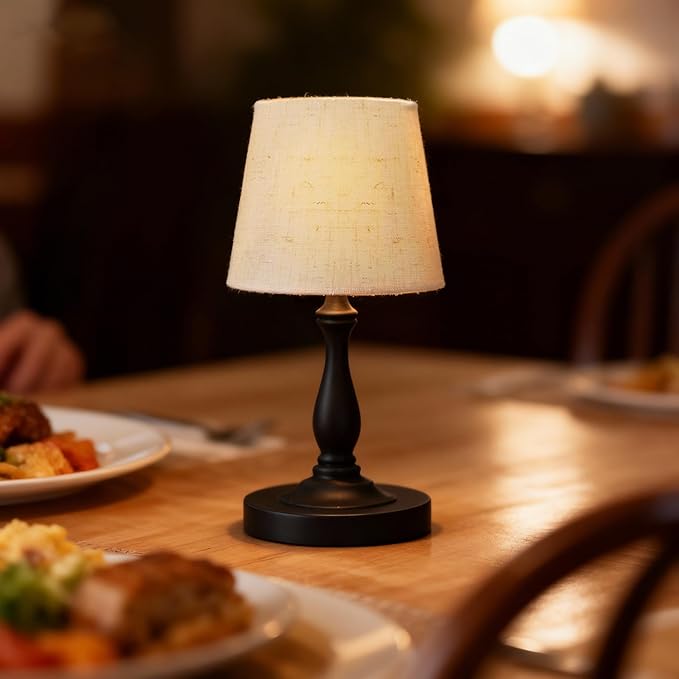 Cute Cordless Rechargeable Table Lamp with Linen Shade, 3 Color Temps LED Dimmable Ambient Lighting, Small Retro Touch Bedside Light for Decor, Metal Base.