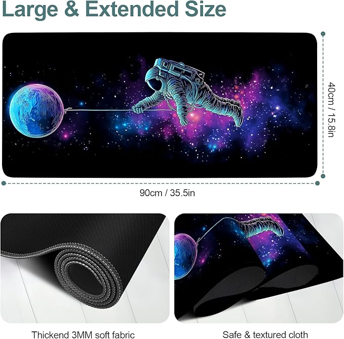 Interstellar Astronaut Extended Gaming Mouse Pad 35.4x15.7Inch Large Desk Mat Anti-Slip Rubber Base & Durable Stitched Edges for Gamers Smooth Mouse Writing Surface for Desk Office/Home