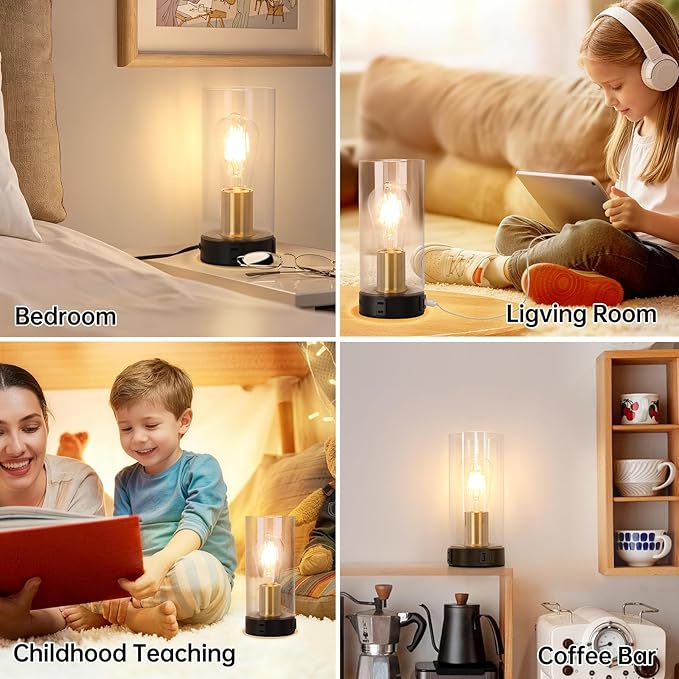 Bedside Table lamp for Bedroom -Touch Lamp with USB-A+C Charging Ports & AC Outlet. Nightstand Lamp with Black Base Glass. Stepless Dimming Small Lamp for Bedroom, Dorm, Office, Kids Room, Living Room