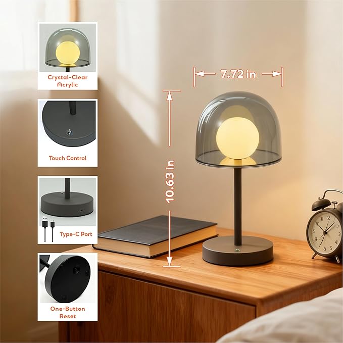 Rechargeable Mushroom Lamp, Small Cordless Table Lamp with Stepless Dimmable, Portable Modern Lamp IP44 Touch Control for Bedroom Living Room Bathroom Balcony, 7.7" W x 10.6" H (Smoky Grey)