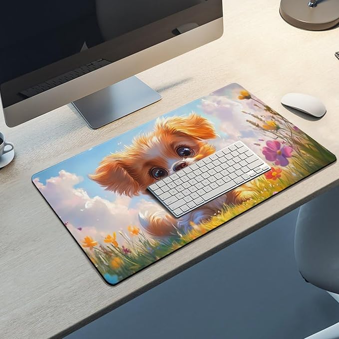 Large Ergonomic Gaming Mouse Pad Charming Fluffy Dog in Bright Meadow - Cute Pet Theme with Non-Slip Base Water-Resistant Surface and Stitched Edges 40X75cm
