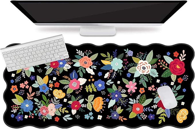 L-SPOUTTO Floral Mouse Pad,Botanical Desk Mat XXL Large Scalloped Gaming Mousepad,35.4x15.7in Non-Slip Rubber Base Keyboard Pad Waterproof Desktop Mat for Laptop Computer Game Home Office-Flowers