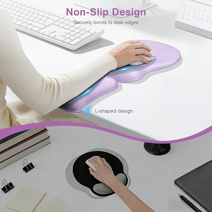 Ospelelf Mouse Pad with Wrist Rest Set Foam L-Shaped Desk Elbow Pad Ergonomic Desk Edge Cushion Anti-Slip Rubber Bottom Office Women Desk Accessories for Computer, Laptop and Gaming, Purple
