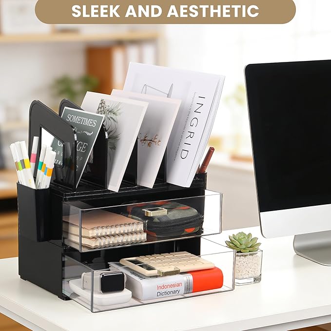 Black Acrylic Desk Organizer with Drawer & File Holder, Stackable Modular Storage System, Multi-Layer Desktop Organizer, Space Saving Office Desk Organizer for Home & Work